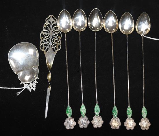 Six Chinese silver sundae spoons set with jade plaques, Lee Yee Hing, a Mappin & Webb silver caddy spoon and another item